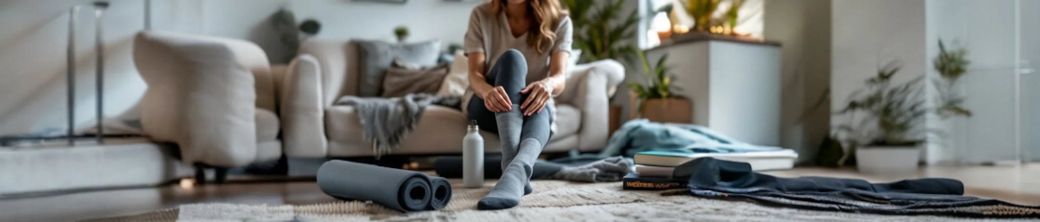 A woman wearing dark grey socks sitting on a grey lounge in a living room