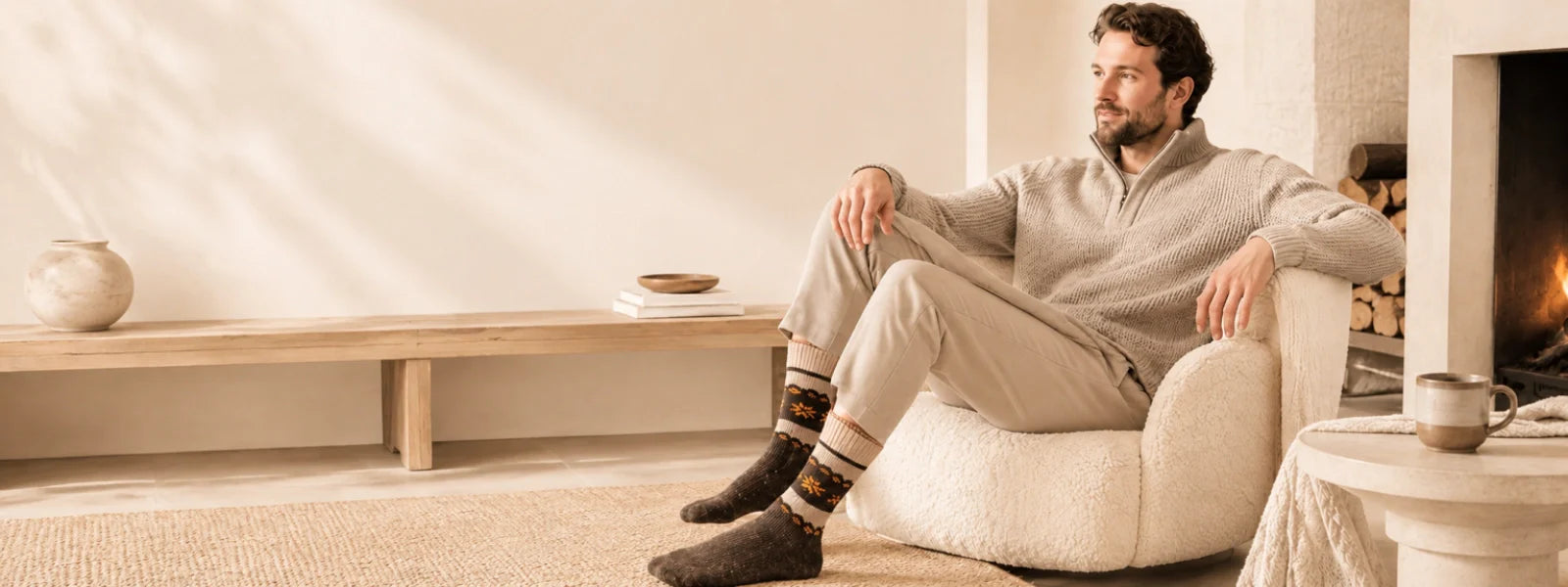 Man wearing premium alpaca wool winter socks in a warm neutral lounge setting, styled for cosy men’s comfort and elevated winter wear.