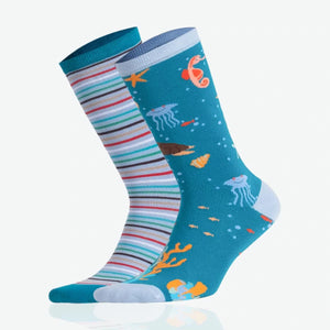 Aqua, mismatched marine life themed crew socks