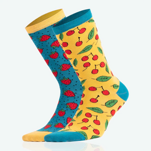 Yellow and blue cherry themed mismatched crew socks