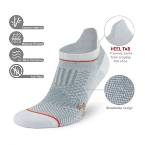 Tech specs of grey athletic sock for running and golf with heel tab