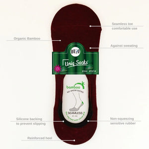 Image of key features of Uniq Socks bamboo burgundy no-show socks