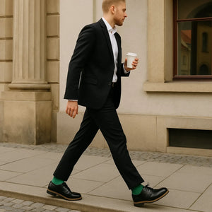 Man wearing green bamboo socks walking on the street