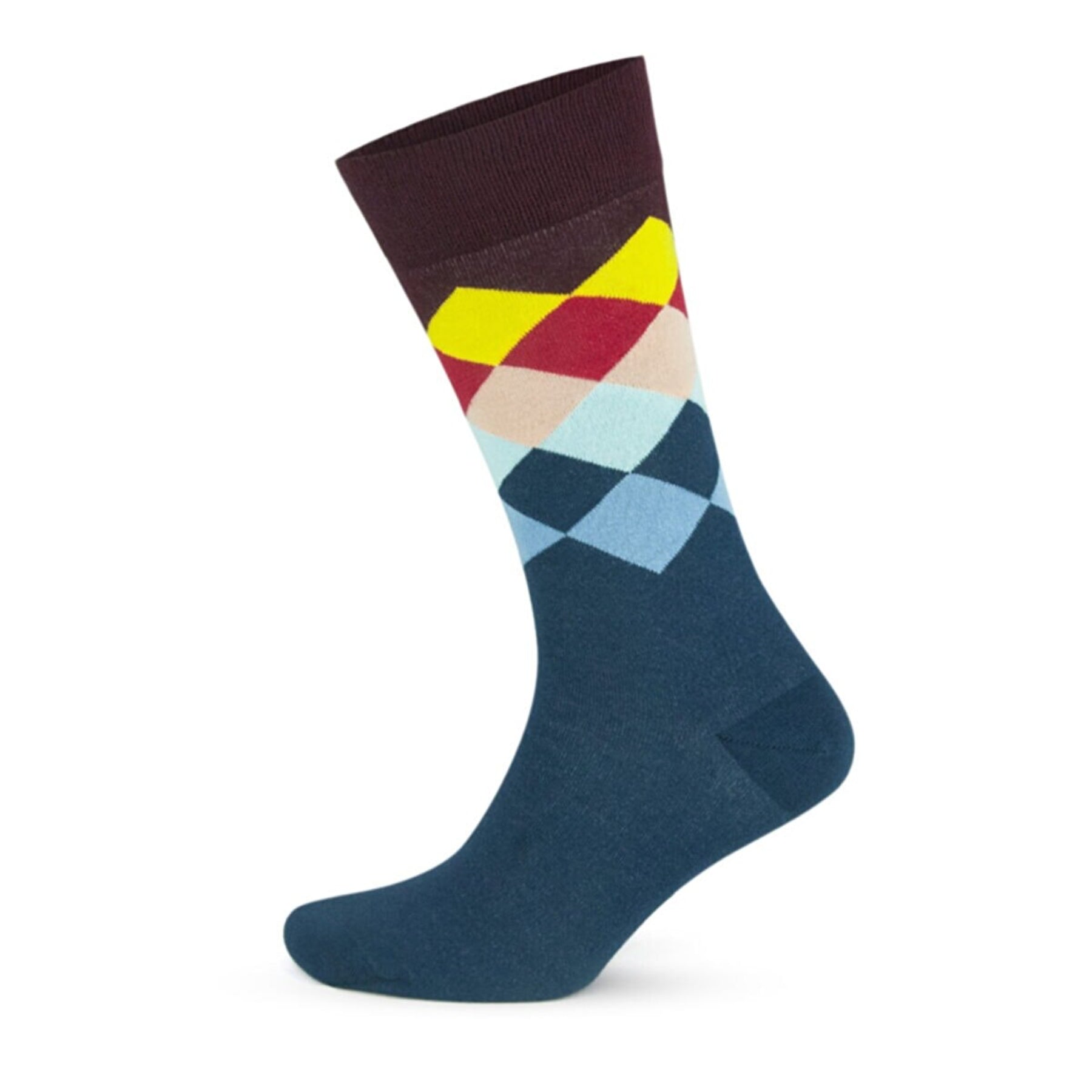 Blue man's crew sock with diamond patterned leg section in brown, yellow, red, beige, aqua, blue and navy