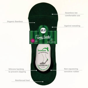 Infographic detailing features of green organic bamboo no-show socks, highlighting seamless toe, silicone non-slip heel grip, and breathable anti-sweat fabric