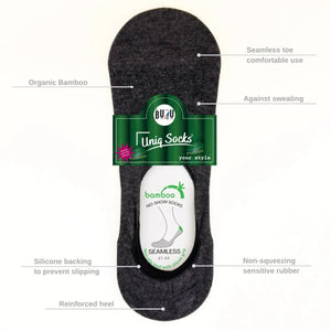 Diagram of grey organic bamboo no-show sock highlighting seamless toe, non-slip silicone heel grip, and breathable fabric