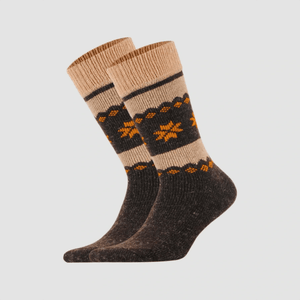 Brown Nordic alpaca and merino wool socks styled with hiking shoes, premium warm outdoor socks by Uniq Socks