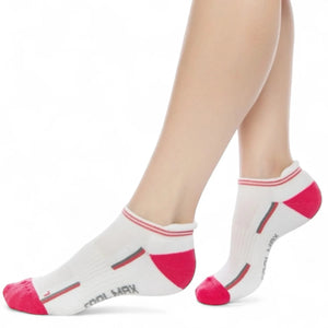 Person wearing CoolMax® white and pink sneaker socks
