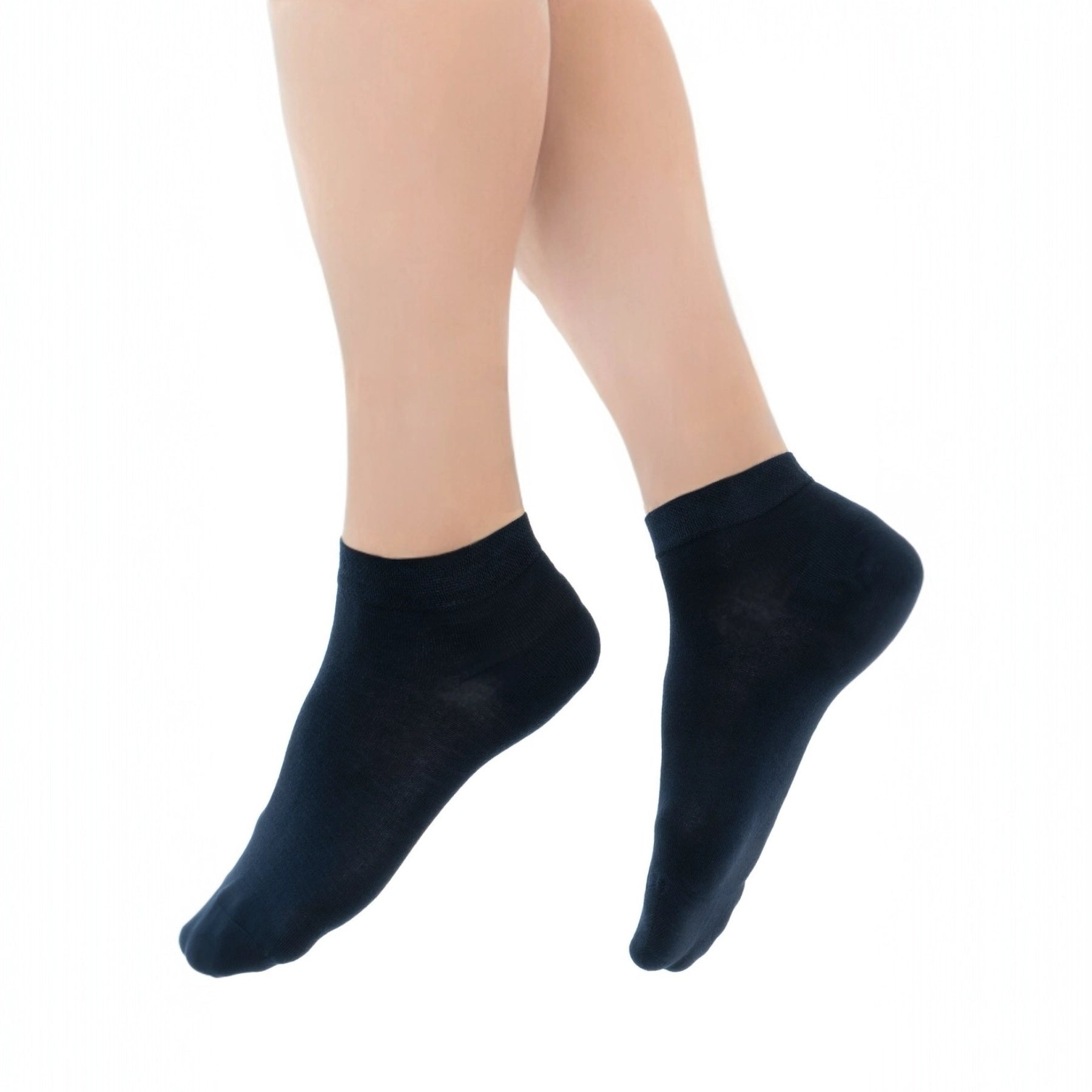 Close image of person wearing black bamboo ankle socks
