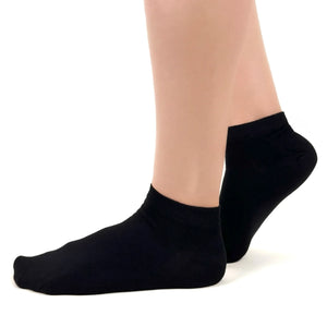 Black bamboo ankle socks worn on model showing comfortable low-cut fit
