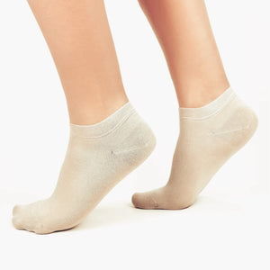Image of person wearing beige bamboo ankle socks