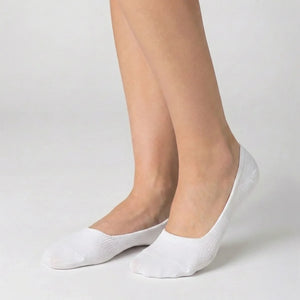 Woman wearing white no-show socks on light grey background