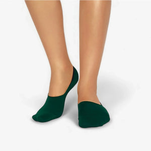 Forest green bamboo no-show socks worn on feet showing invisible low-cut fit