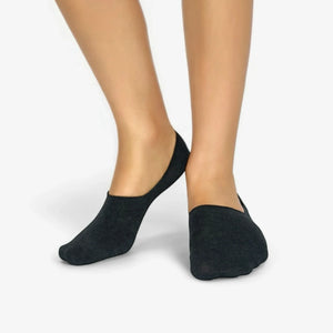 Model wearing grey bamboo lofer socks demonstrating the low cut profile that stays hidden in shoes