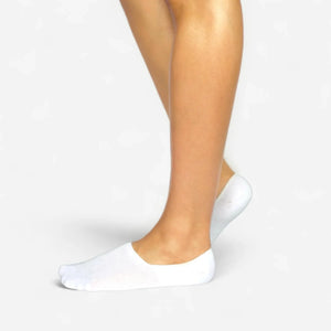Person wearing seamless white bamboo no-show socks on a white background
