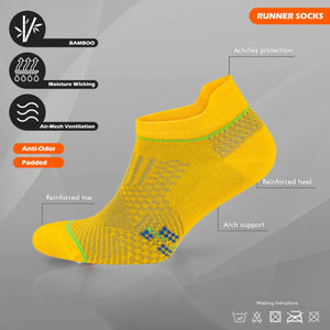 Yellow bamboo runner sock diagram highlighting key features: achilles protection, reinforced toe and heel, arch support, and moisture-wicking air-mesh ventilation