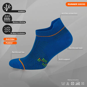 Blue running sock features diagram pointing out achilles protection tab, reinforced heel, and breathable bamboo construction for sports