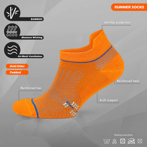 Orange performance ankle sock technical breakdown showing reinforced durability, arch support system, and bamboo moisture-wicking technology