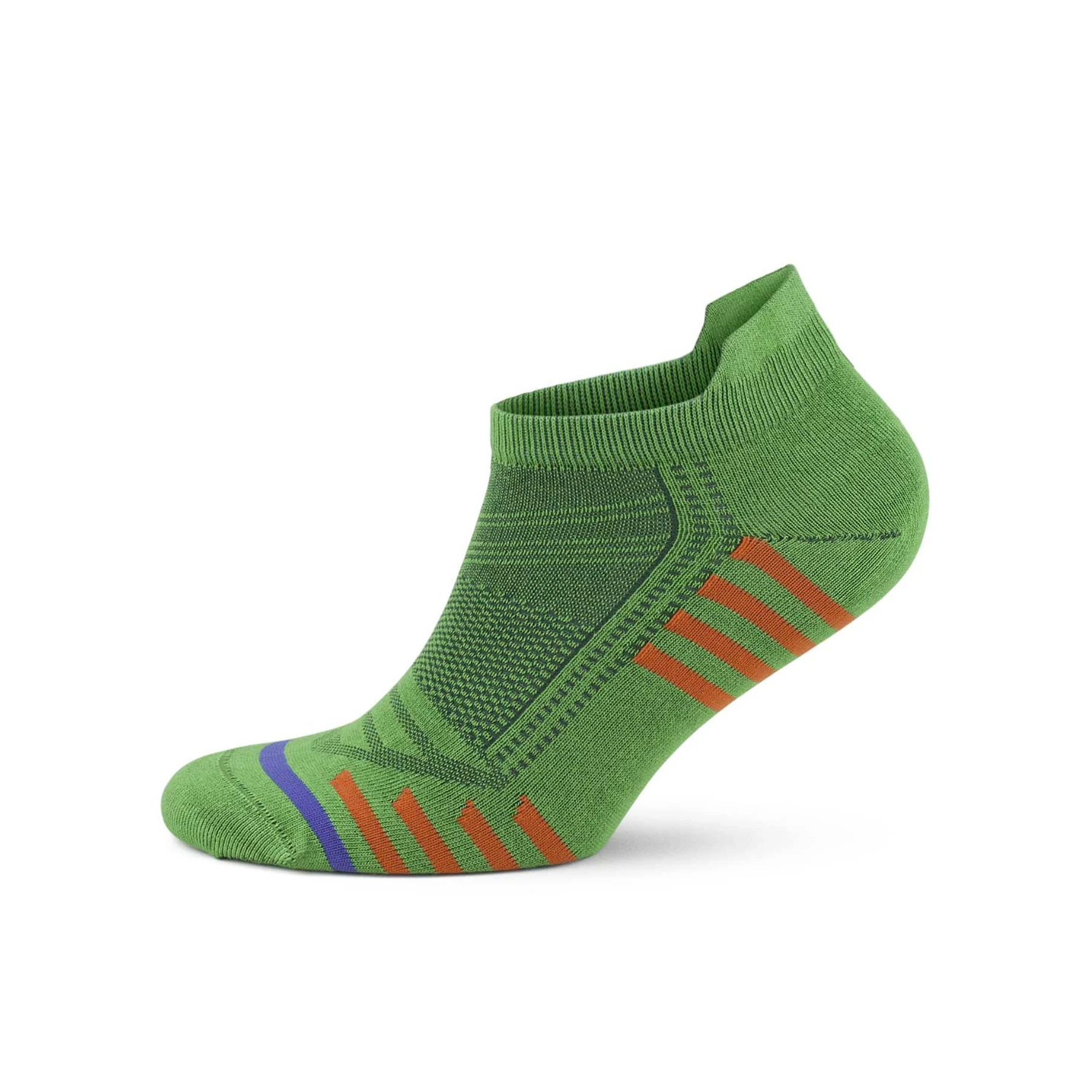 Green bamboo sneaker sock with orange stripes