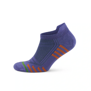 Purple bamboo sneaker sock with orange stripes