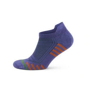 Purple bamboo sneaker sock with orange stripes