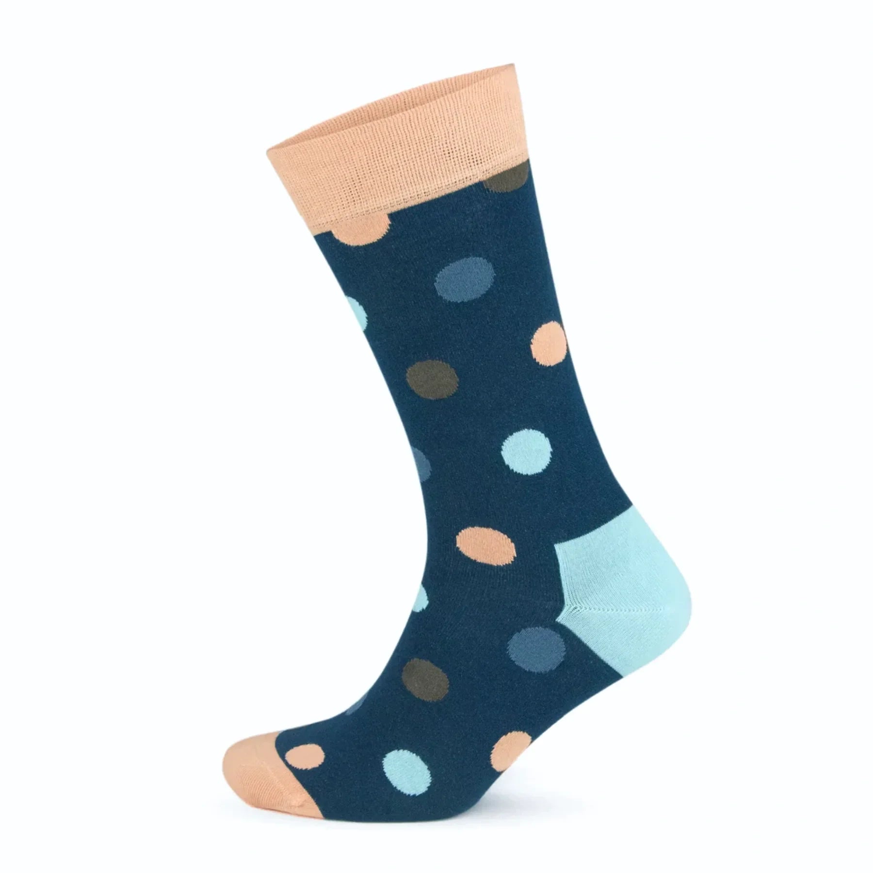Navy socks with multiple coloured dots, toe and heel