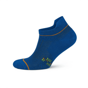 Royal blue bamboo athletic ankle sock featuring breathable mesh texture, orange accent stitching, and a protective heel tab for running and golf