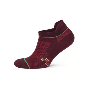 Burgundy maroon bamboo sports sock with green accent details, featuring a low-cut ankle design and reinforced durable stitching
