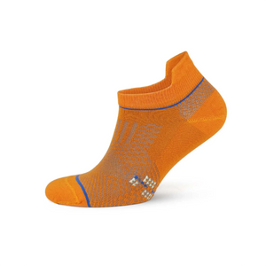 Vibrant orange athletic sock for men and women, featuring specialized arch support weaving and blister-preventing heel tab