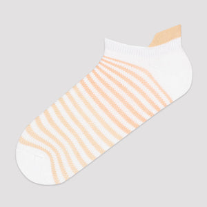 Image of white, coral striped sneaker sock with heel-tab