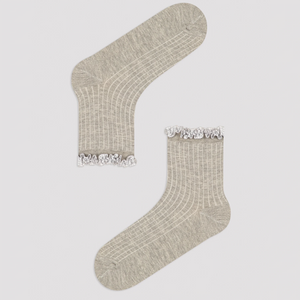 Grey ribbed quarter length socks with gingham ruffle