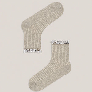 Grey ribbed quarter length socks with gingham ruffle