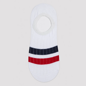 White no-show socks with red and navy stripe