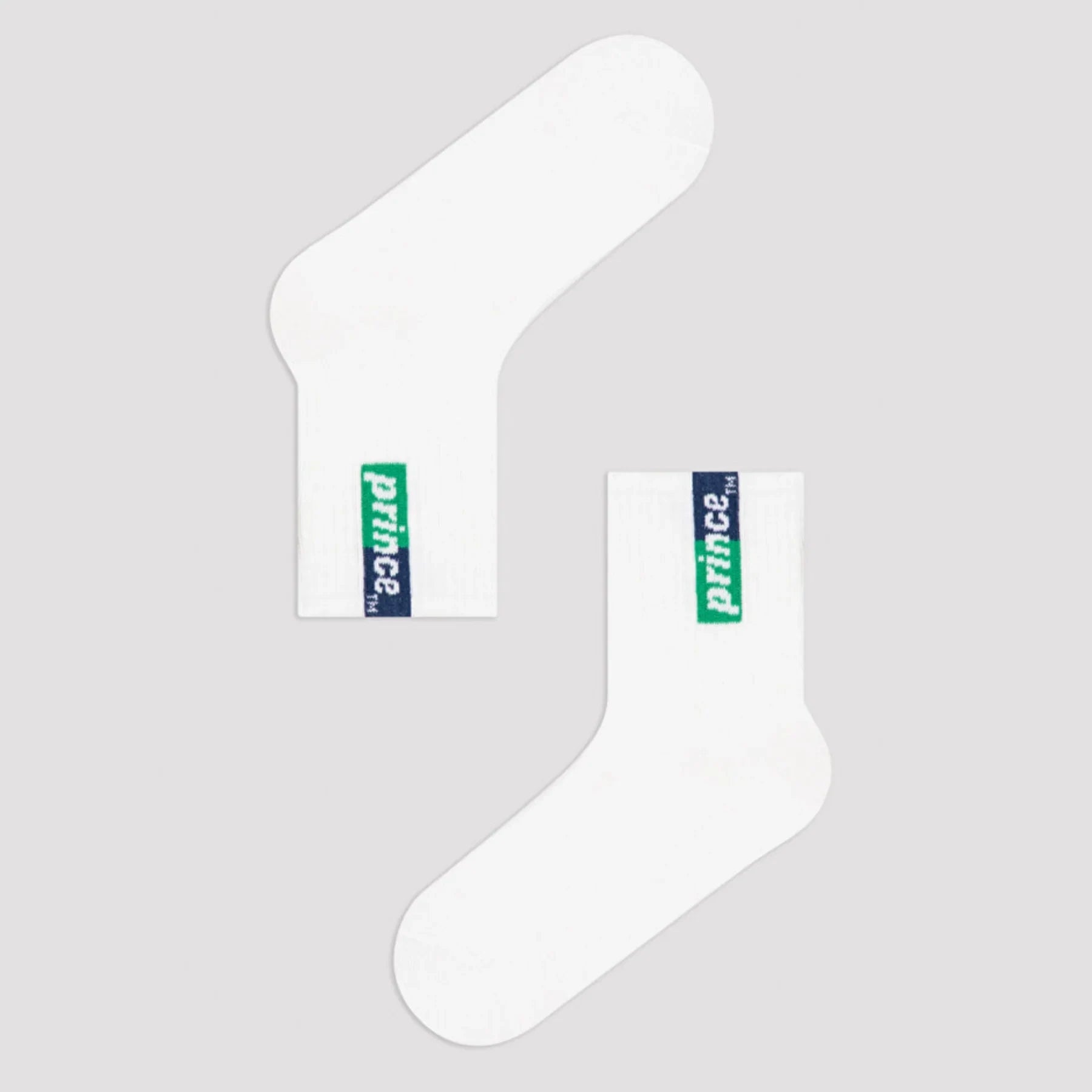 white tennis socks with blue and green Prince label