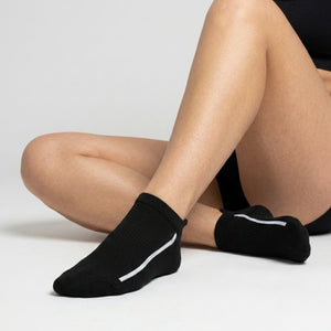 Black ankle socks with white stripes worn by a person on a light background