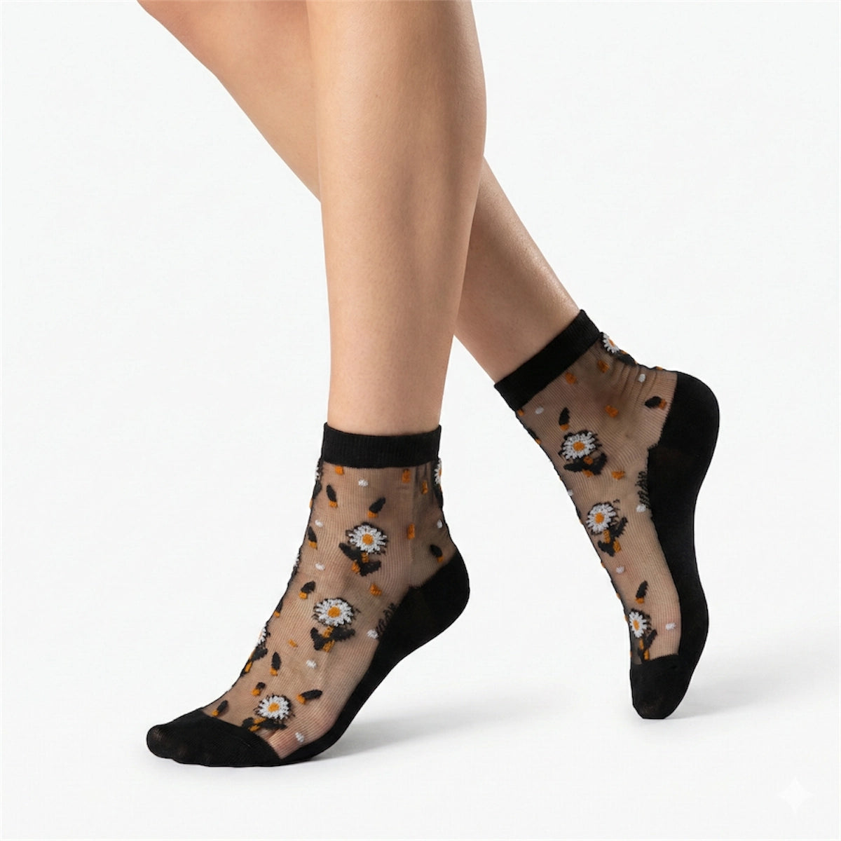 Sheer socks with white daisy pattern worn by a person on a white background