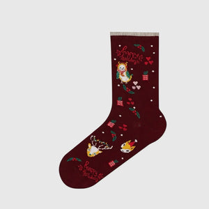 Brown Christmas themed sox with 'Happy Holidays' text on a light grey background
