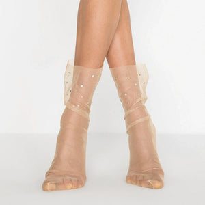 Nude sheer glamour socks for women with soft transparent tulle, crystal embellishments and premium statement hosiery style by Uniq Socks