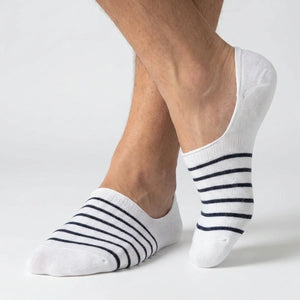 White no show socks with dark stripes on feet, Uniq Socks Australia, OEKO-TEX certified cotton