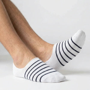 White no-show socks with black stripes on feet, luxury Uniq Socks Australia style