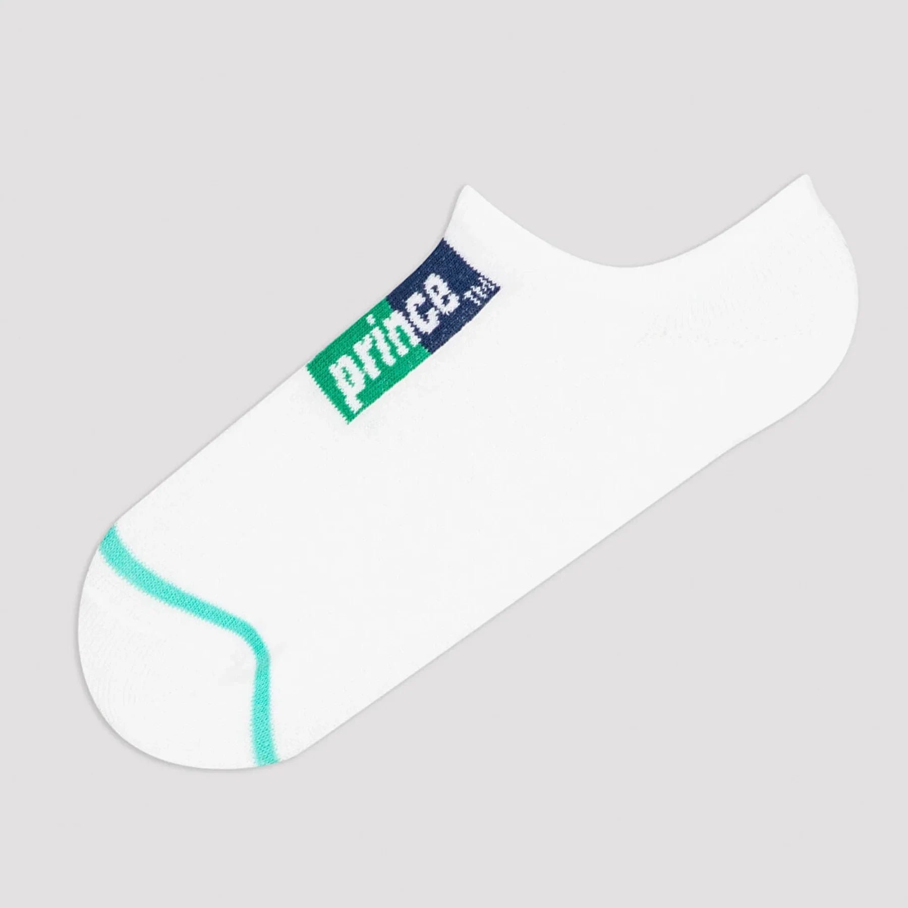 White sneaker sock with 'prince' logo, turquoise trim, premium low-cut design on grey background