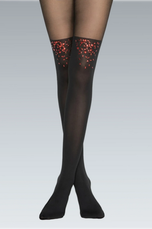Woman wearing tights shaded darker up to thigh high with red confetti detail