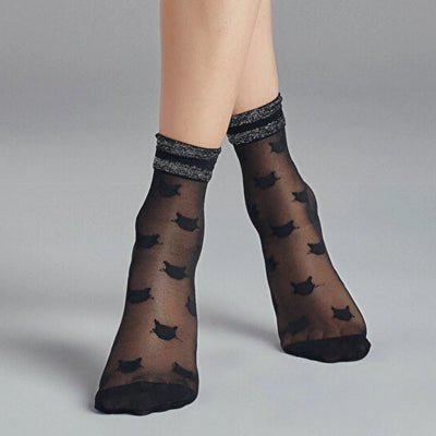 image of sheer black quarter length socks with cat-faces and sparkly grey cuffs