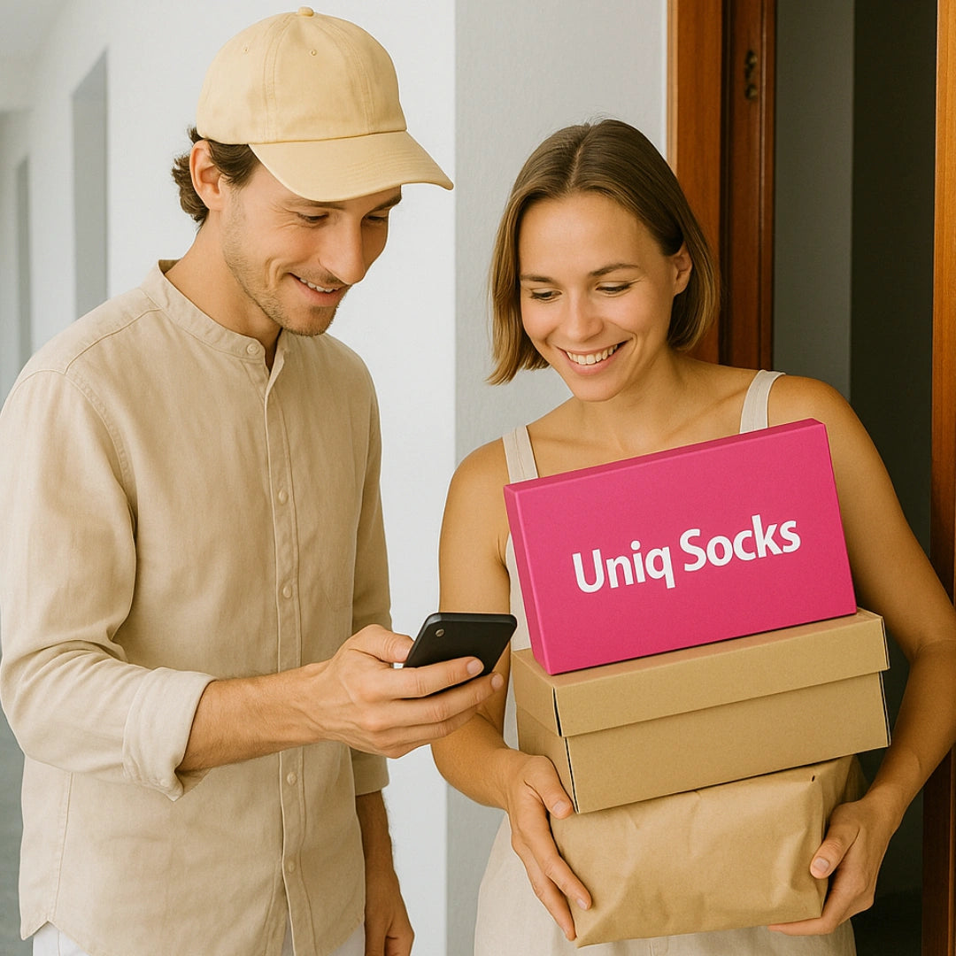 Woman receiving new sock shipment from delivery man