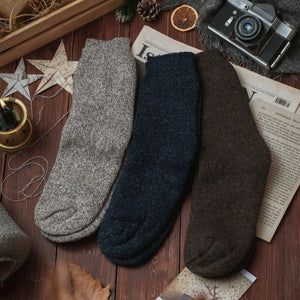 Tan, dark navy, and brown Norwegian wool socks
