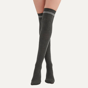 image of woman wearing grey thigh high socks