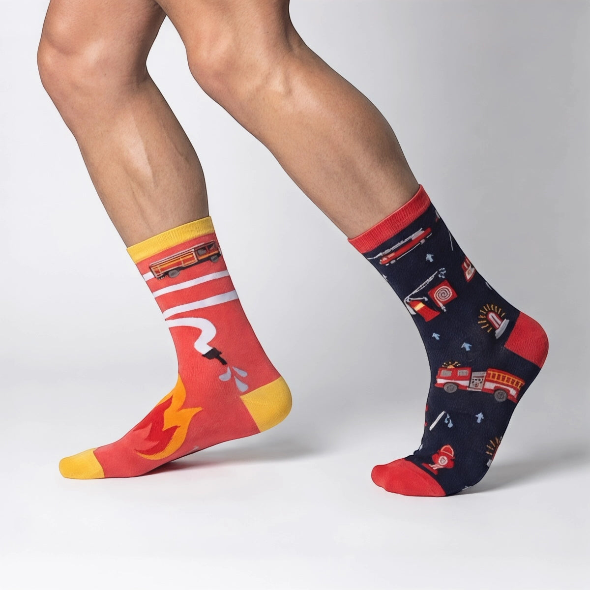 Close up of fire truck pattern on premium cotton socks. OEKO-TEX certified safe materials.