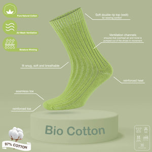 Technical details of lime coloured, ribbed eco-cotton crew sock