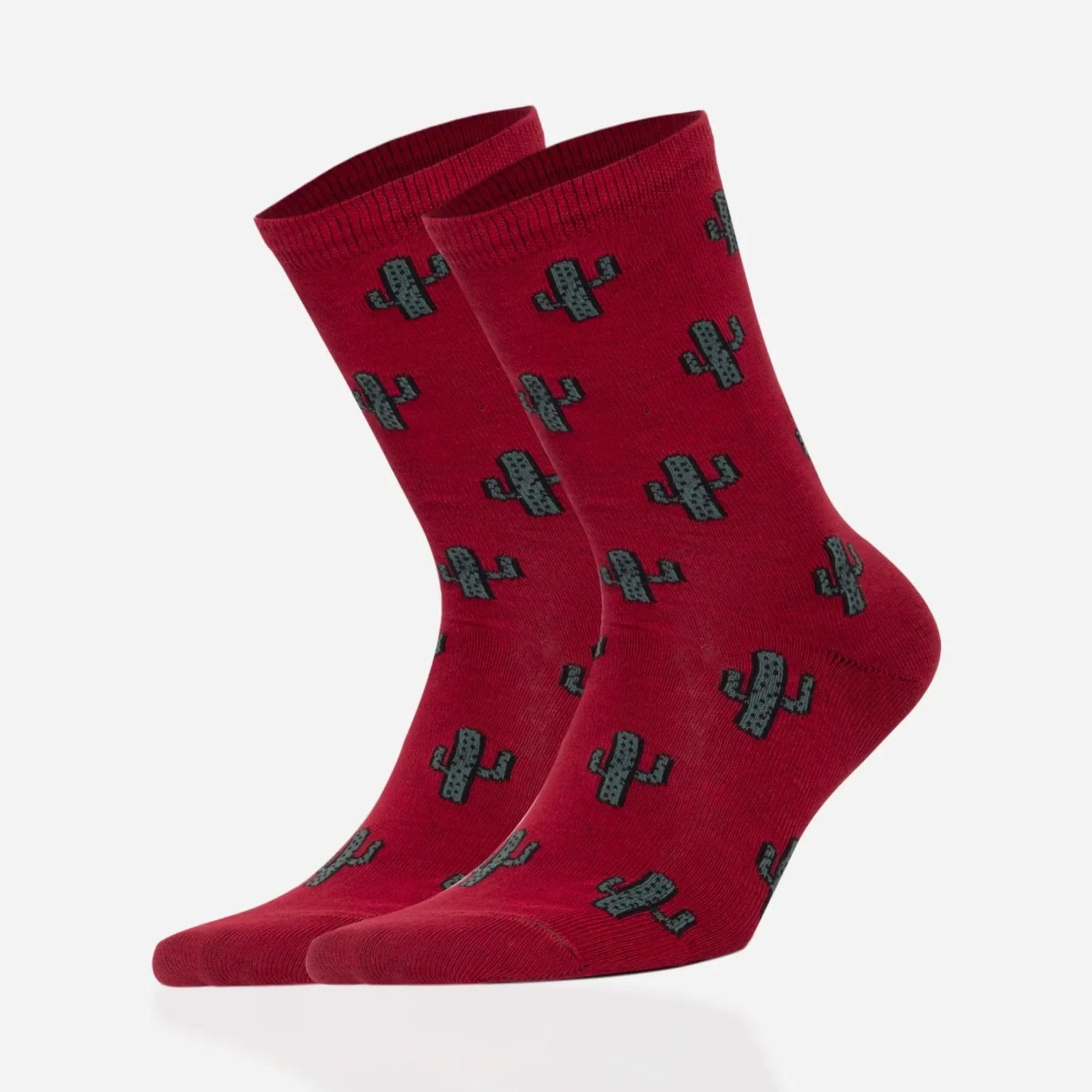 Burgundy coloured crew socks with cactus images