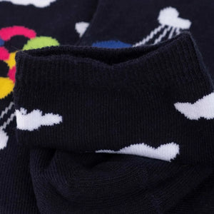 Close-up of Dark navy crew socks with colourful balloons
